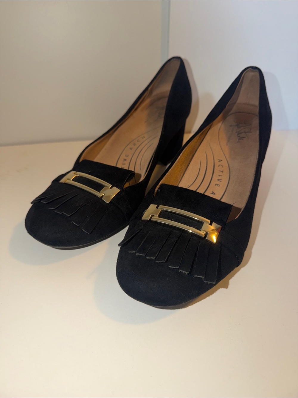 Life Stride Black Suede Fringe Pumps with Gold Accent